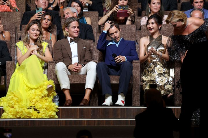 From left, Olivia Wilde, Chris Pine, Harry Styles, Gemma Chan and Florence Pugh at the 2022 Venice Film Festival premiere of "Don't Worry Darling."