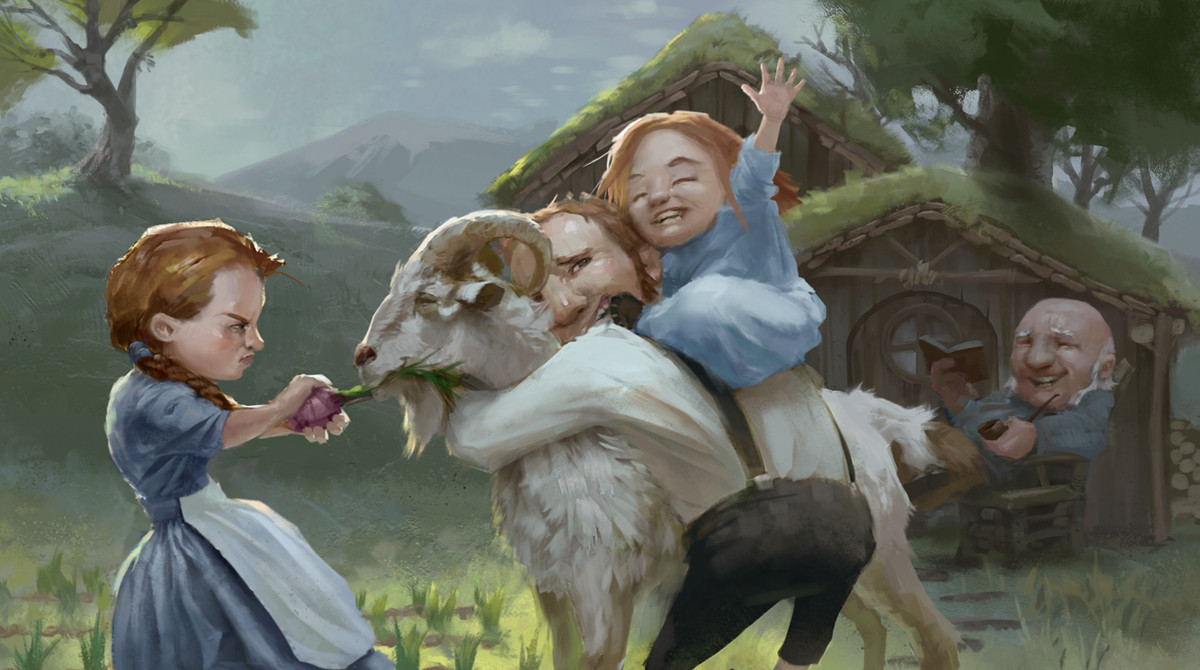Dungeons &amp; Dragons Mordenkainen’s Tome of Foes - a halfling father wrestles with his daughters, who are fighting over the family goat.