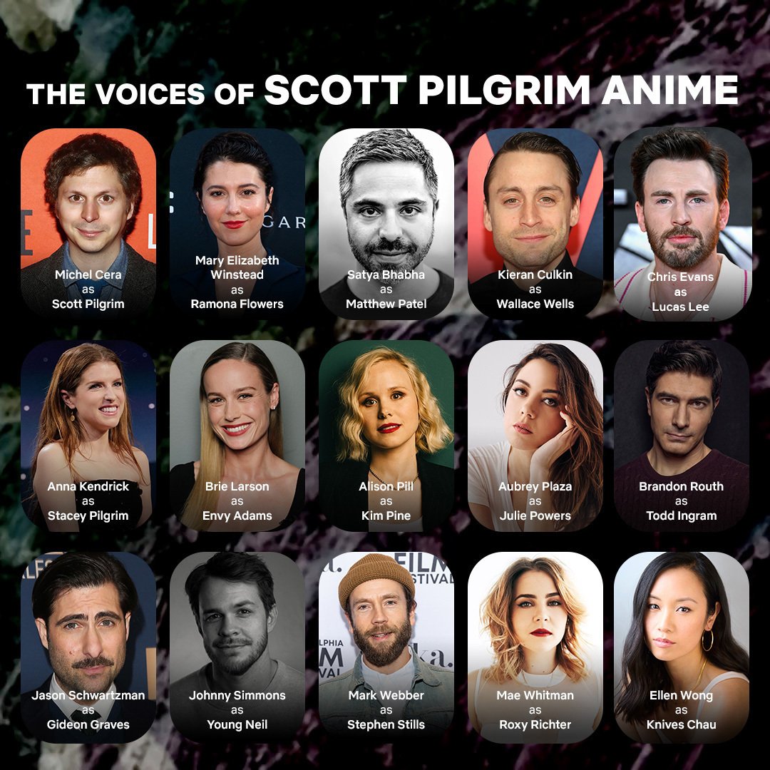 A collage of actors headshots for Netflix's Scott Pilgrim anime series