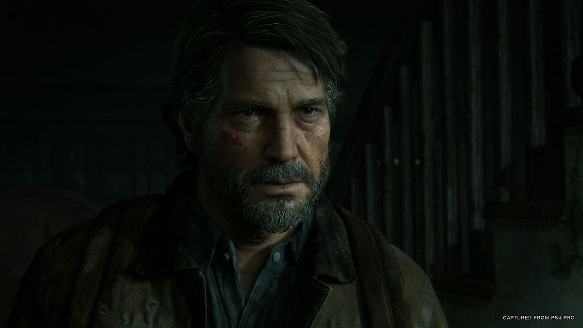 An older Joel from The Last of Us Part 2 looks at the camera.