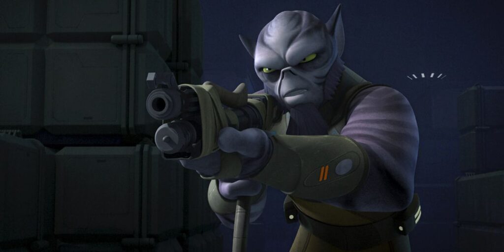 A purple-haired alien (Garazeb “Zeb” Orrelios) readying a rifle in Star Wars Rebels