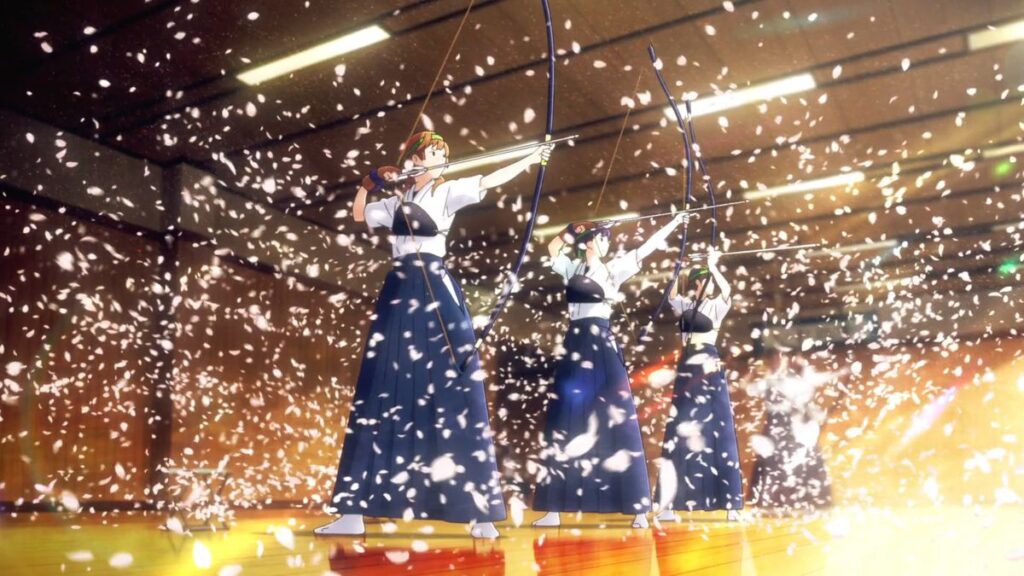 A group of anime girls in Kyudo archery uniforms readying their bows as cherry blossom petals waft around them.