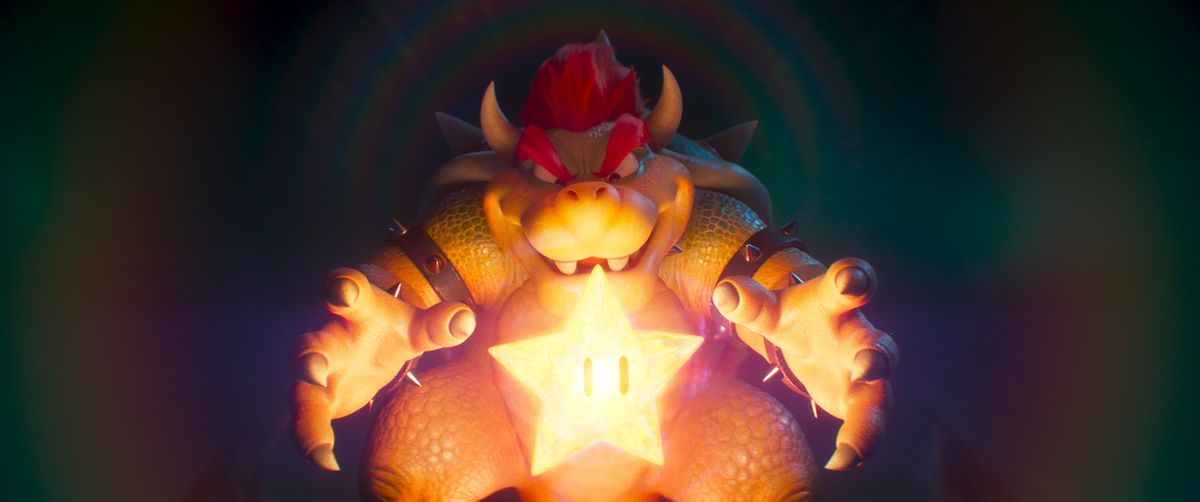 Bowser emerges from the darkness to claim a Super Star in The Super Mario Bros. Movie