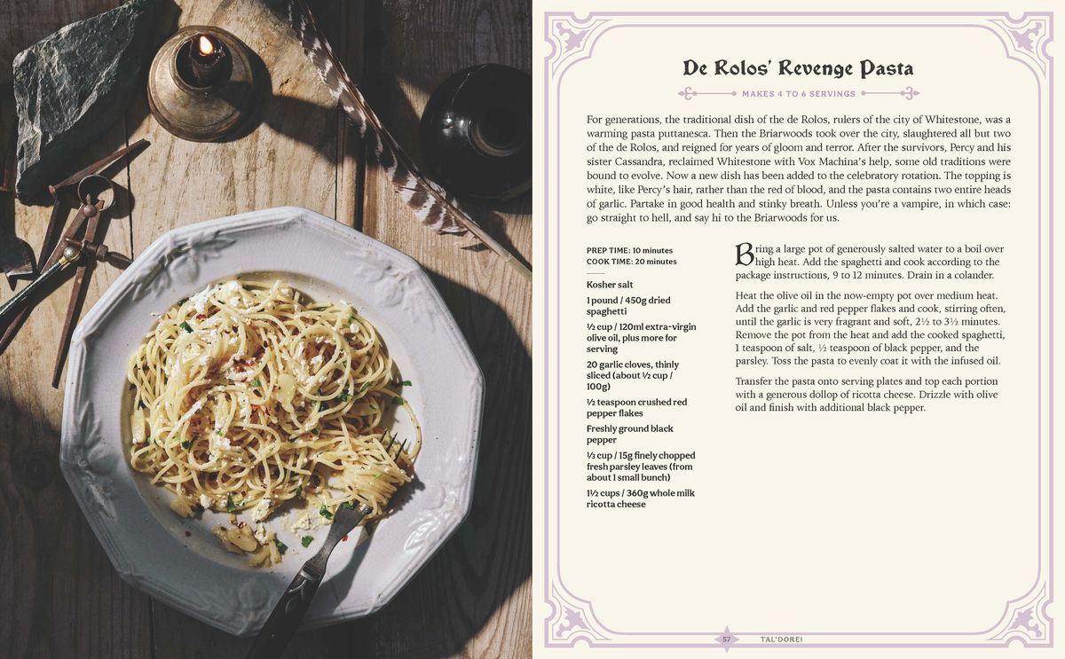 A recipe for a pasta dish, which includes 20 cloves of garlic and some fresh pepper. It’s called Rolo’s Revenge, based on the world of Critical Role.