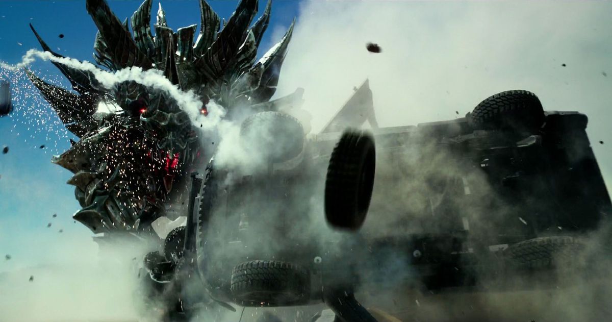 Dragonstorm destroys a vehicle in Transformers: The Last Knight