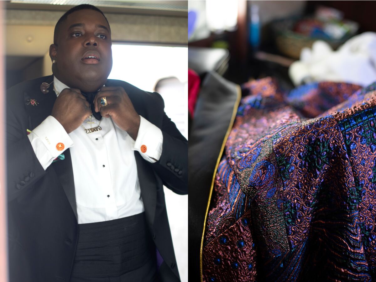 Left: Gabriels singer Jacob Lusk puts on his stage clothes in the band's trailer. Right: A detail of Jacob's coat.