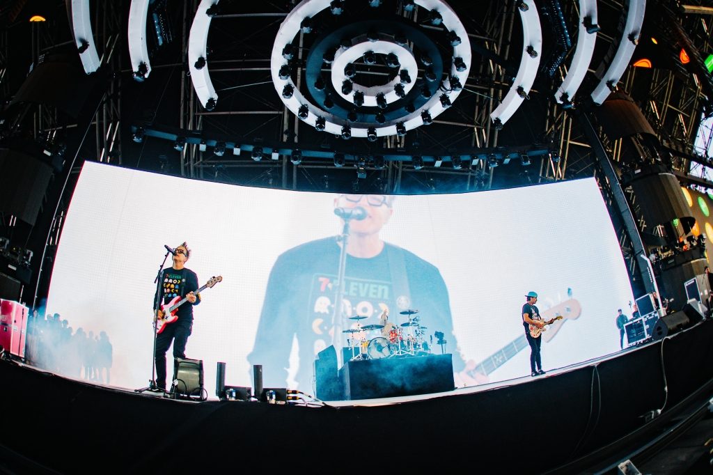 Mark Hoppus, Travis Barker, and Tom DeLonge of Blink-182 perform at Coachella on April 14.