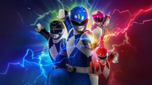 Poster art for Mighty Morphin Power Rangers: Once & Always features the Blue Ranger in the middle, the Black Ranger to his right, and the Pink and Red Rangers to his left.