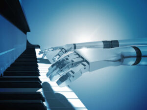 A digitally generated image of a robot's hands playing the piano.