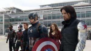 Still from Captain America: Civil War. From left, Falcon (Anthony Mackie), Ant-Man (Paul Rudd), Hawkeye (Jeremy Renner), Captain America (Chris Evans), Wanda (Elizabeth Olsen), Winter Soldier (Sebastian Stan).