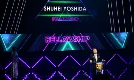 Yoshida during his acceptance speech at the Bafta games awards, 2023.