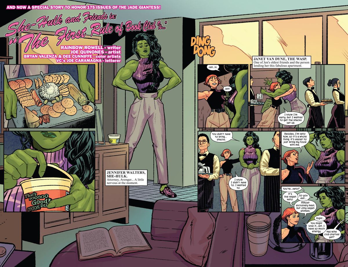 She-Hulk preps for book club at her apartment, with a cheese board and onion dip, before Janet Van Dyne bustles in with caterers for her “veto” diet in She-Hulk #12 (2023). 