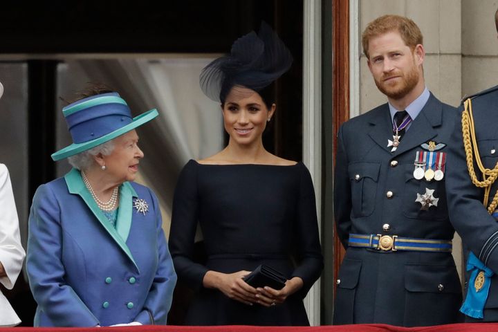 The Queen with Meghan and Harry in July 2018 on the Buckingham Palace balcony