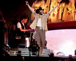 Damon Albarn of Gorillaz and Bad Bunny perform during the 2023 Coachella Valley Music and Arts Festival.