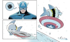 Captain America glowers as Jeff, an adorable puppy-shaped shark, uses his shield as a very fast sled in the show in It’s Jeff! #1 (2023).