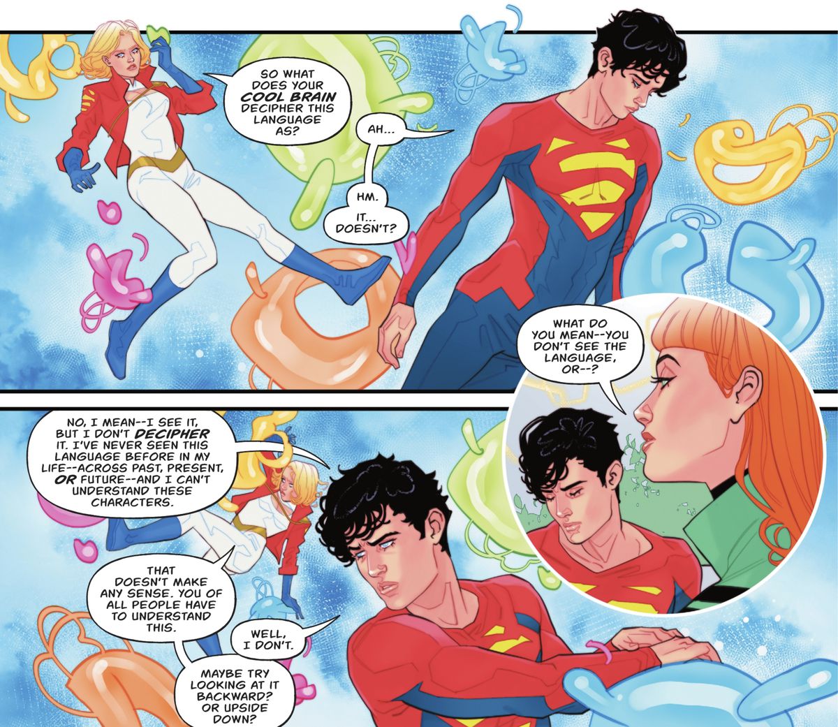 Power Girl and Superman (Jon Kent) float through a colorful series of 3D forms representing a language in Jon’s head that he somehow doesn’t understand, in Action Comics # 1053 (2023). 