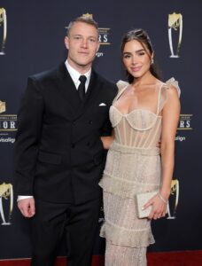 PHOENIX, ARIZONA - FEBRUARY 09: Christian McCaffrey (L) and Olivia Culpo attend the 12th annual NFL Honors at Symphony Hall on February 09, 2023 in Phoenix, Arizona. (Photo by Ethan Miller/Getty Images)