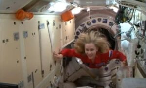 Yulia Peresild entering the International Space Station in October 2021.