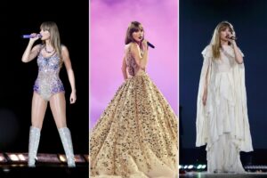 Taylor Swift wearing three looks from the Eras Tour