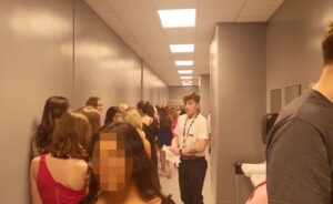 Women lining up for stalls in the men's bathroom during the Taylor Swift Eras Tour concert at AT&T Stadium in Arlington, Texas on April 2.