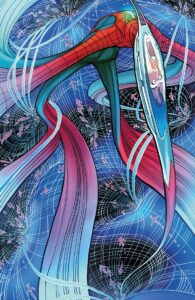 Spider-Man’s form is stretched and contorted wildly as he passes through a system of crazy wormholes in Amazing Spider-Man #24 (2023).
