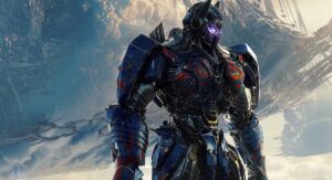 Evil Optimus Prime stands in front of Unicron in Transformers: The Last Knight