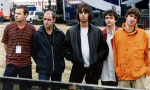 Classic lineup … Oasis ahead of their famous performance at Knebworth in 1996.