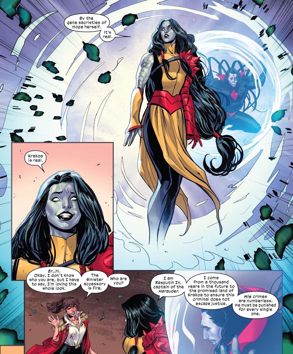 Rasputin, a chimera mutant from the future who looks like if Colossus was a girl, steps out of a portal and is greeted by present day Kate Pryde. “Okay, I don’t know who you are,” Kate says, “but I have to say, I’m loving this whole look,” in Sins of Sinister Dominion (2023).