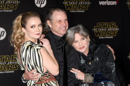 Billie Lourd, Todd Fisher, and Carrie Fisher at the premiere of 
