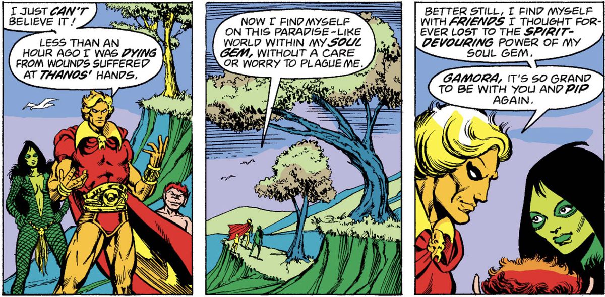 Adam Warlock tells Gamora and Pip the troll how happy he is to have been saved from Thanos and brought into the peaceful world inside the Soul Gem in Marvel Two-in-One Annual #2 (1976). 
