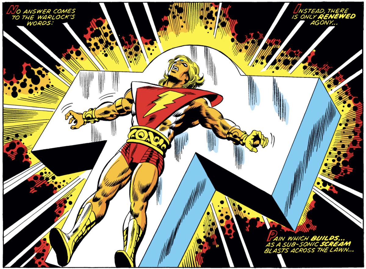 Adam Warlock trembles in pain on a blazing cross-shaped platform, surrounded by cosmic energy in Incredible Hulk #177 (1974).