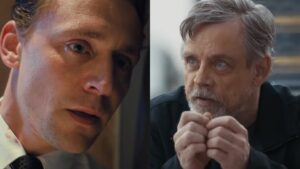 Tom Hiddleston with his head against a door with a split screen of Mark Hamill holding his hands together