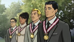Four animated characters well-dressed with gold medals around their neck on Archer