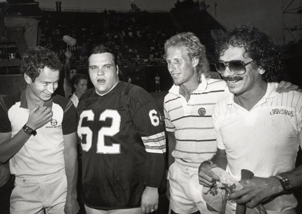 John McEnroe, Meat Loaf, Vitas Gerulatis and Carlos Santana at Flushing Hills Stadium in 1982.