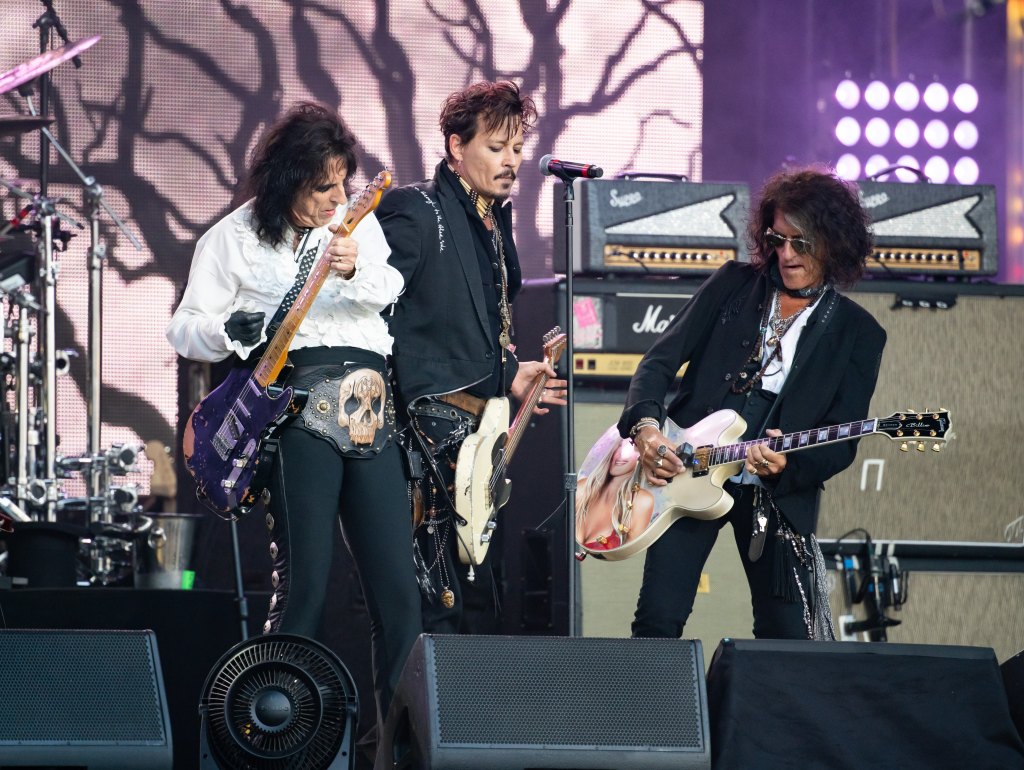 Alice Cooper, Johnny Depp and Joe Perry are seen performing with his band 'Hollywood Vampires'  at 'Jimmy Kimmel Live' on June 12, 2019 in Los Angeles, California