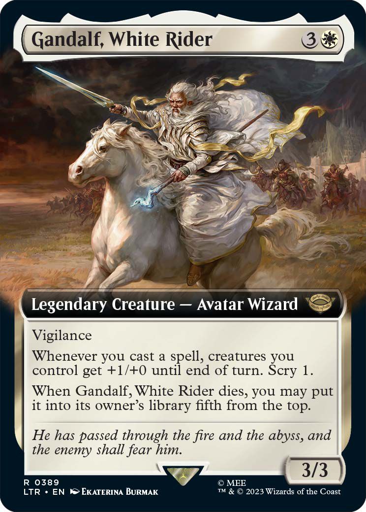 Gandalf, white rider is a legendary creature, an avatar wizard, at 3/3 with vigilance. He also has additional powers, including scry.