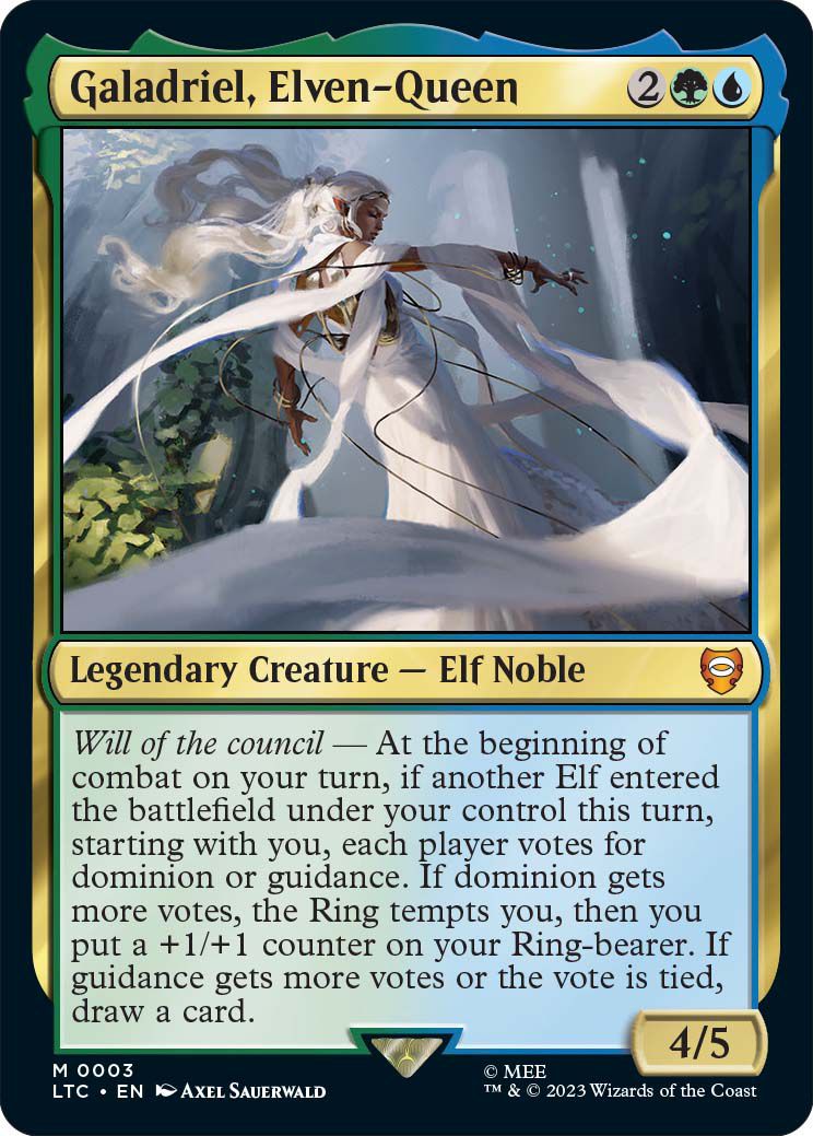 Art from Magic: The Gathering The Lord of the Rings: Tales of Middle-earth. The image shows&nbsp;Galadriel, Elven queen. She is twisting her body and the many sashes of her dress twist with her as she holds her hand out. 