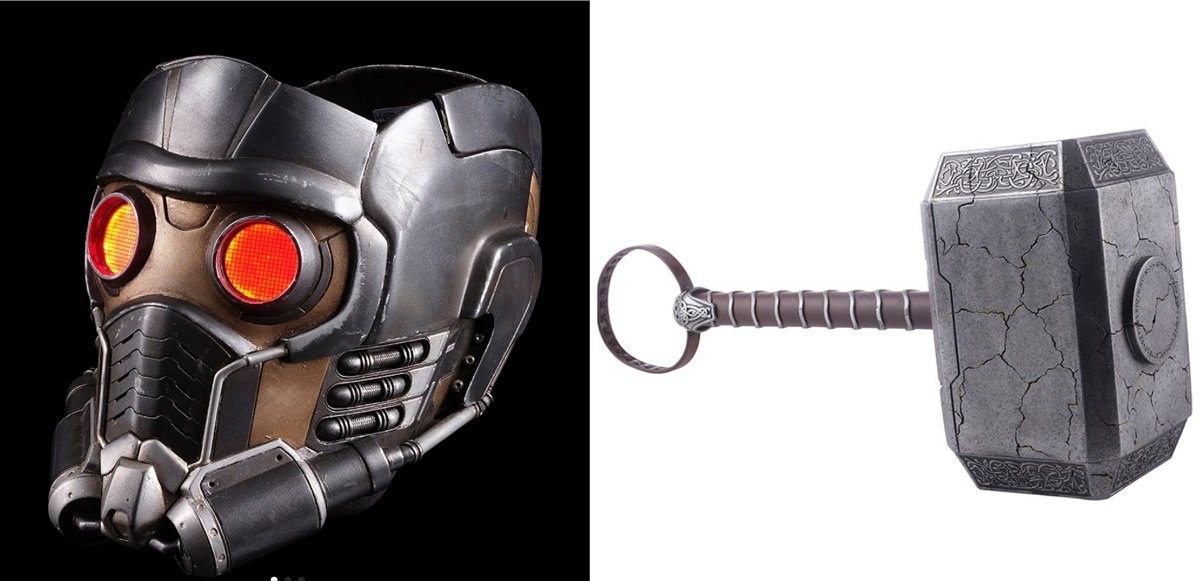 Star-Lord's helmet from Guardians of the Galaxy, and Thor's hammer from Love and Thunder. 
