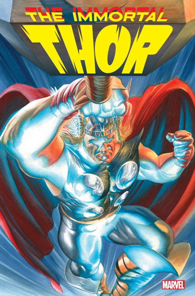 Thor flies through the heavens, his might hammer in his hand, lit with an eldritch light on the cover of Immortal Thor #1 (2023).