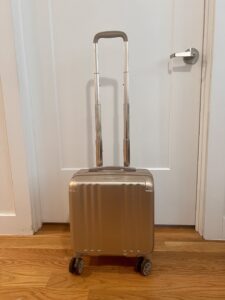 The Calpak Ambeur Mini Carry-On with luggage handle up.