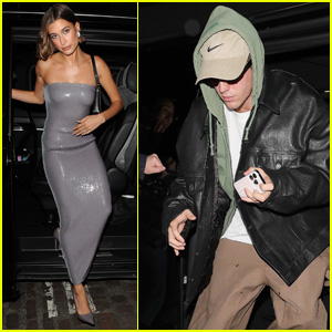 Hailey Bieber Shimmers in Silver Dress at Dinner with Justin Bieber in London