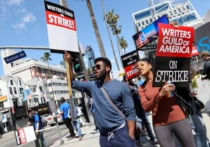Members of the Writers Guild of America protest in Los Angeles.