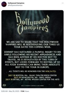 Hollywood Vampires Postpones U.S. Tour Dates Due To Johnny Depp Ankle Injury