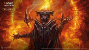 An image of Sauron in Magic: The Gathering’s LOTR set, The Lord of the Rings: Tales of Middle-earth. He appears with a dark cloaked body and his shadowy appearance contrasts with the fires ranging behind him.