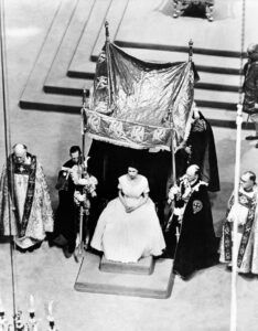 A canopy of gold is placed over Elizabeth II prior to her anointing by the Archbishop of Canterbury at her coronation at Westminster Abbey on June 2, 1953.