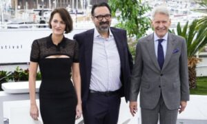 Phoebe Waller-Bridge, James Mangold and Harrison Ford attend the photocall for Indiana Jones and the Dial of Destiny at the 76th Cannes film festival.
