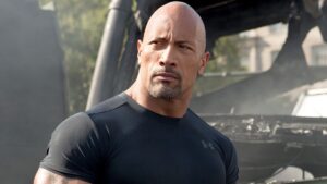 The Rock wearing a black t-shirt in The Fast and The Furiois franchise