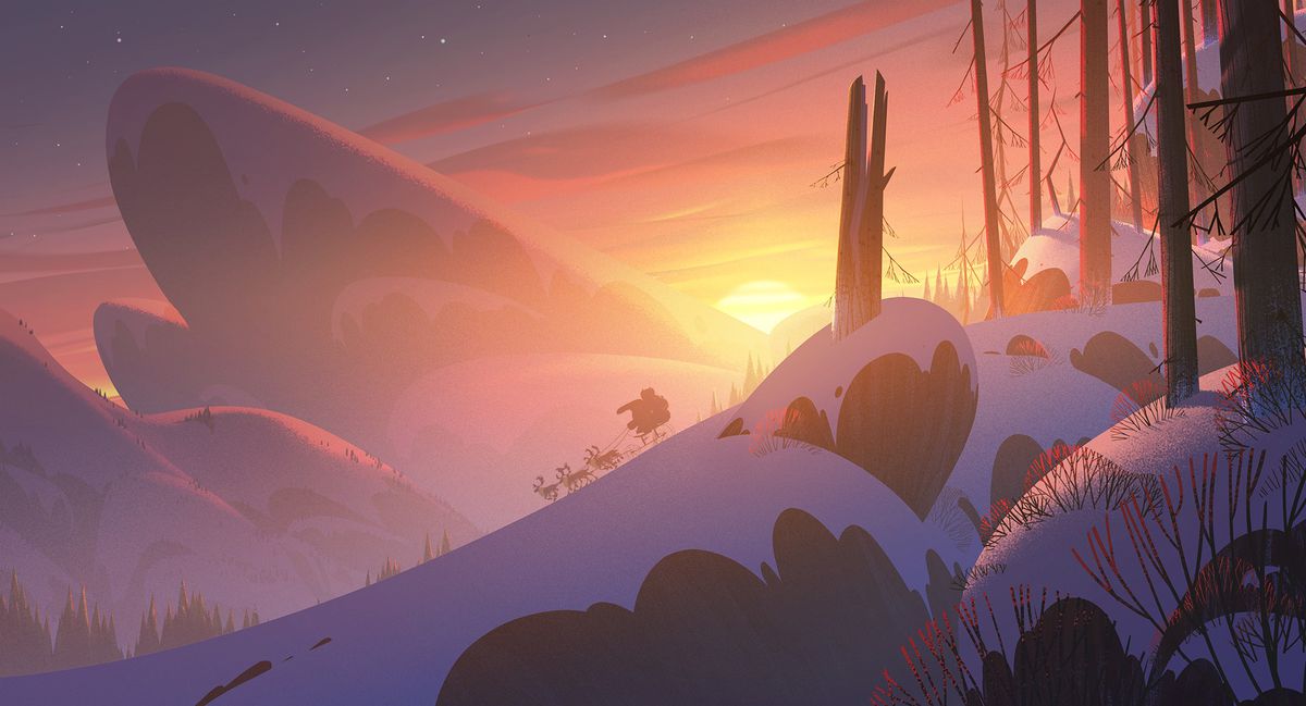 The sun sets over a rugged northern winter landscape, as seen in Klaus
