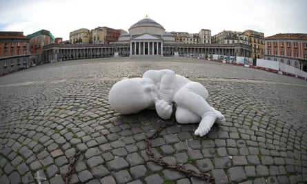 Look Down, which depicts a newborn baby with a chain for an umbilical cord, in Naples.