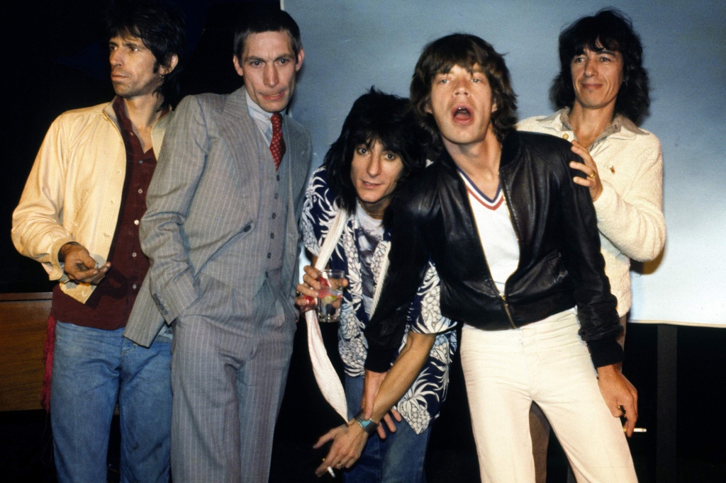 Keith Richards, Charlie Watts, Ron Wood, Mick Jagger and Bill Wyman pose together in the late 1970s.